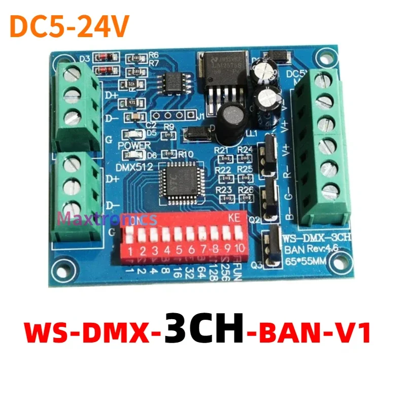 

High-Quality DMX512 LED Decoder 3CH Channel RGB Control Board DMX-3CH-BAN-V1 MAX 15A for Led Strip Light Modules Lamp DC5-24V