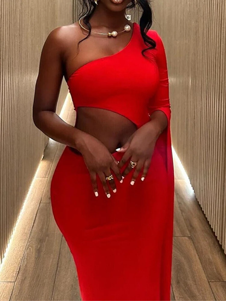 

2025 Summer Design Tight Dress Long Skirt Elegant Temperament Solid Color Slant Collar Single Side Sleeve Hollow Hip Wrap Skirt