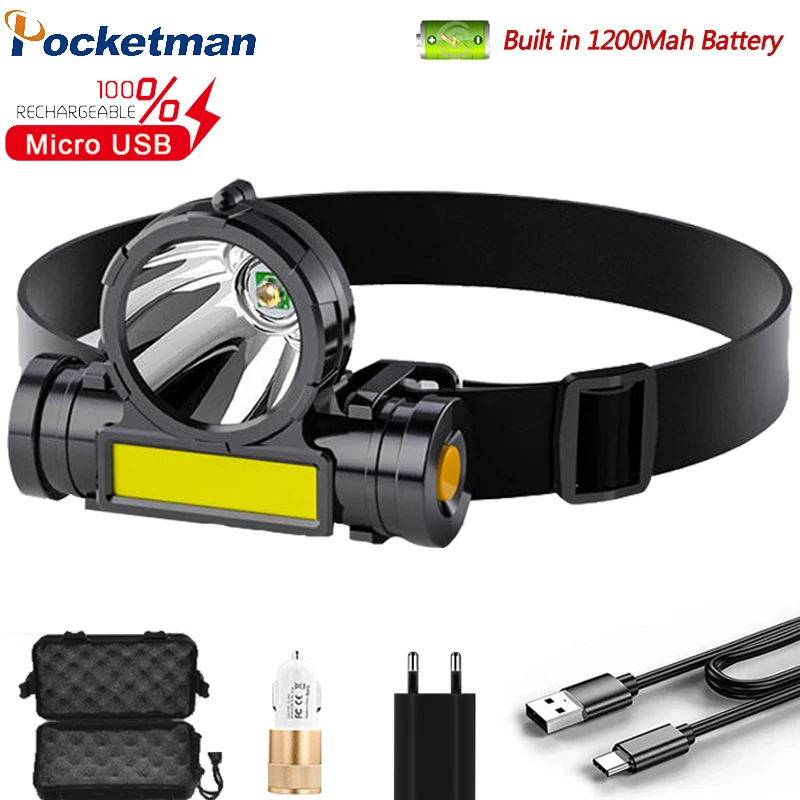 

POCKETMAN COB+LED Headlamp USB Rechargeable Built-in 18650 Headlight Outdoor Waterproof Head Lamp Head Torch for Camping Hiking