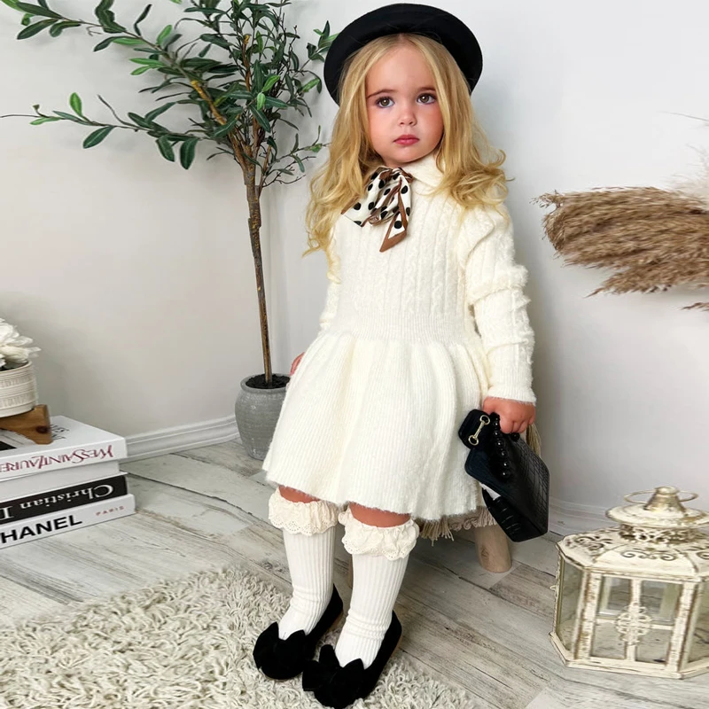 Children\'s Long Sleeve Fluffy Dress New Fashion Solid Wool Girls Knitting Sweater Dresses Casual Lapel Skirt for Kids