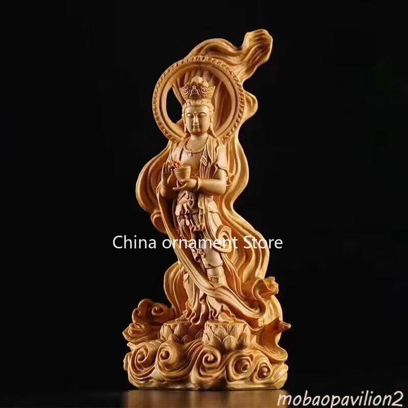 16cm Handcarved Cypress Wood Guanyin Bodhisattva Enshrine Buddha Statue Ornament