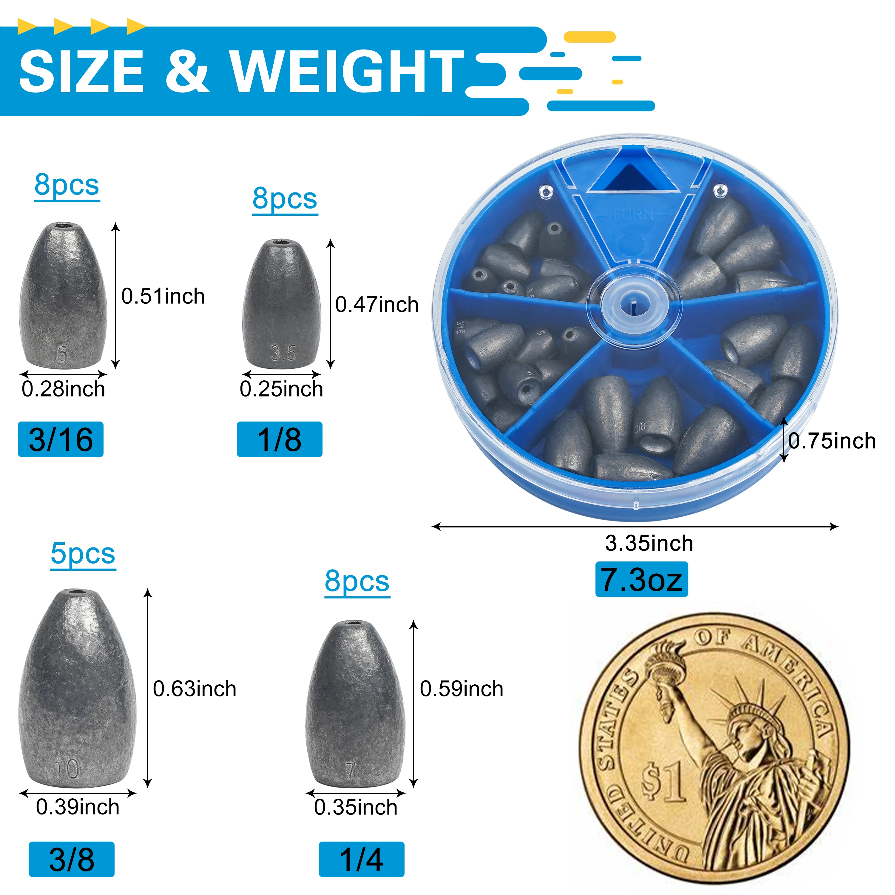 29pcs Flipping Fishing Weights Worm Sinkers for Bass Fishing Texas Rigs 1/8oz,3/16oz,1/4oz,3/8oz Assorted Size