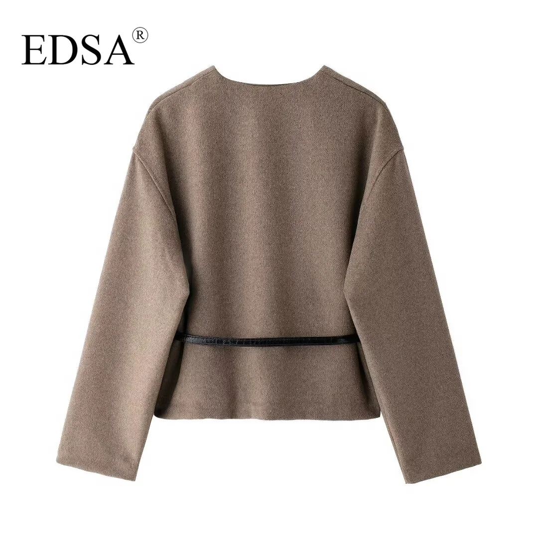 EDSA Women Soft Belted Jacket Wrap V-neck Long Sleeves New Elegant Lady Commute Outwear for Female