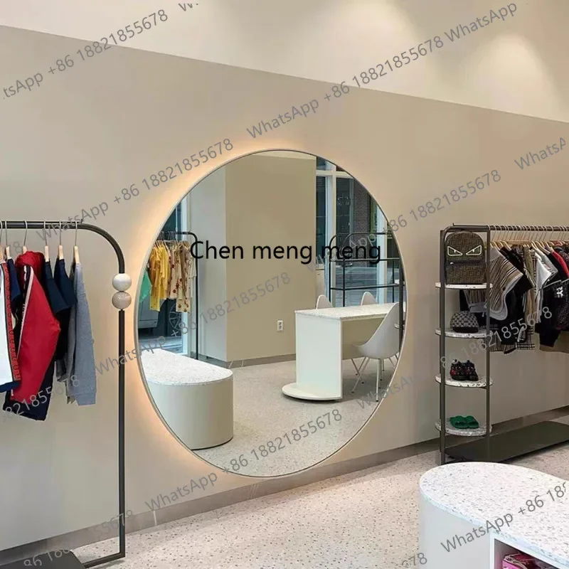 Large round stainless steel frame clothing store fitting mirror light luxury household wall decoration mirror living rooma139