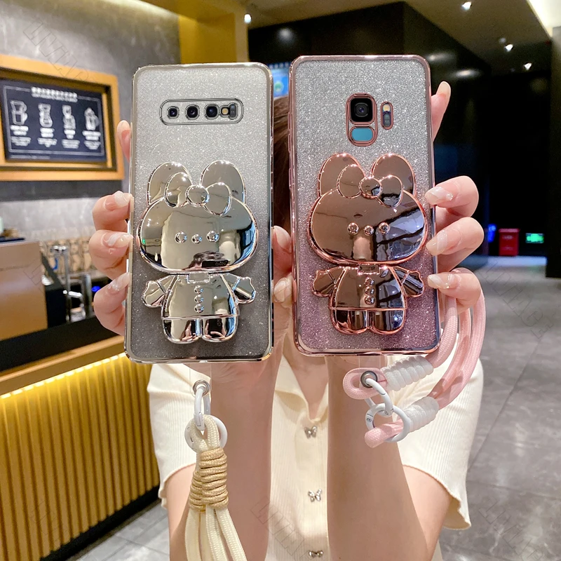 S10 s 9 8 plus Gilitter Mirror Rabbit Wrist Strap Phone Case For Samsung Galaxy S8 S10 S9 Plus s8plus s10 s 8 s9plus Stand Cover