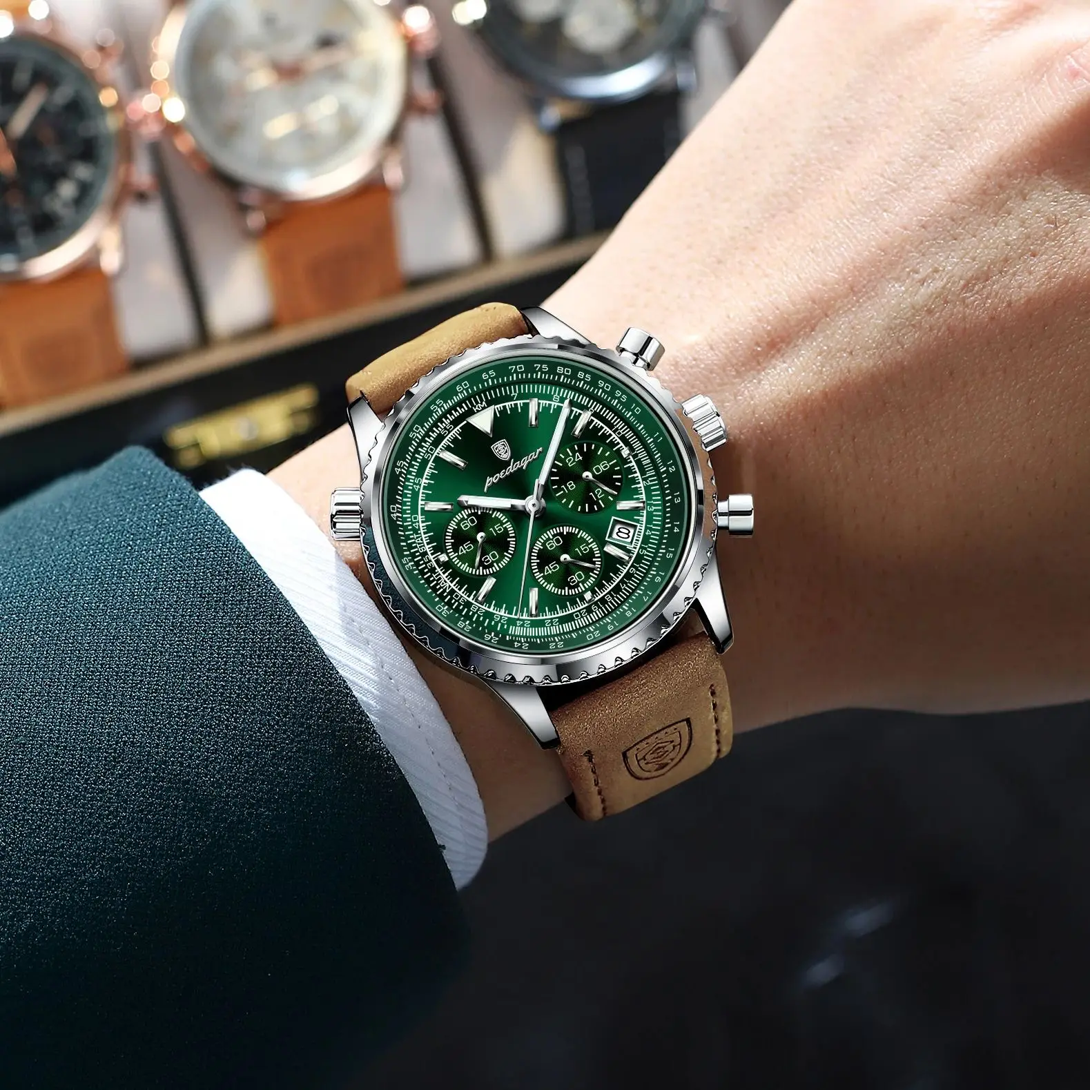 POEDAGAR أفضل ساعة رجالية فاخرة مقاوم للماء تاريخ مضيئة كرونوغراف رياضي رجل ساعة اليد جلدية ساعات كوارتز رجالية Reloj