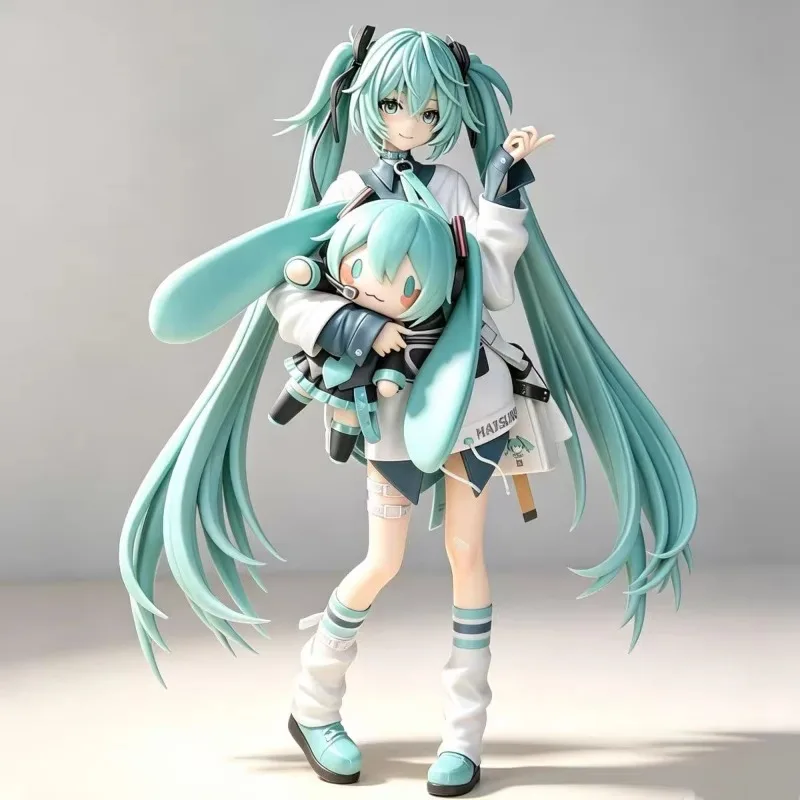 Hatsune Miku Figure - Holding Chibi Miku Plush Ver. White Outfit & Twin Tails 24cm Sexy Movable PVC Collectible Anime Statue Toy