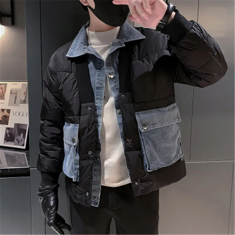 Warm Coat Men Winter Jacket Turn-down Collar Korean Style Casual Outwear Patchwork Denim Cloth Youth Man Fake 2 Piece Clothing