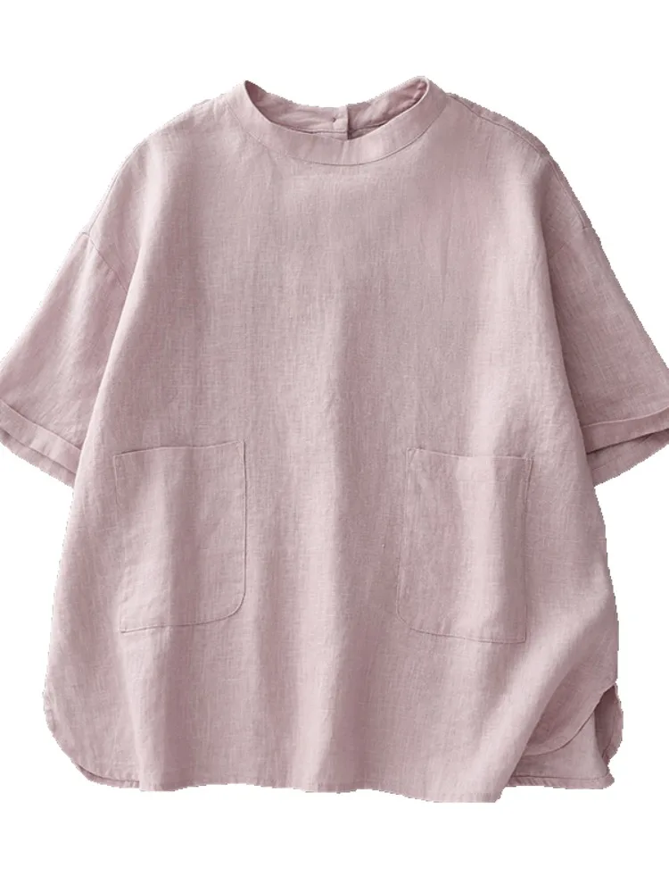 Simple  Color Cotton Linen ort Sve T-irt Women Summer Casual round Ne Overhead Slimming Linen Top