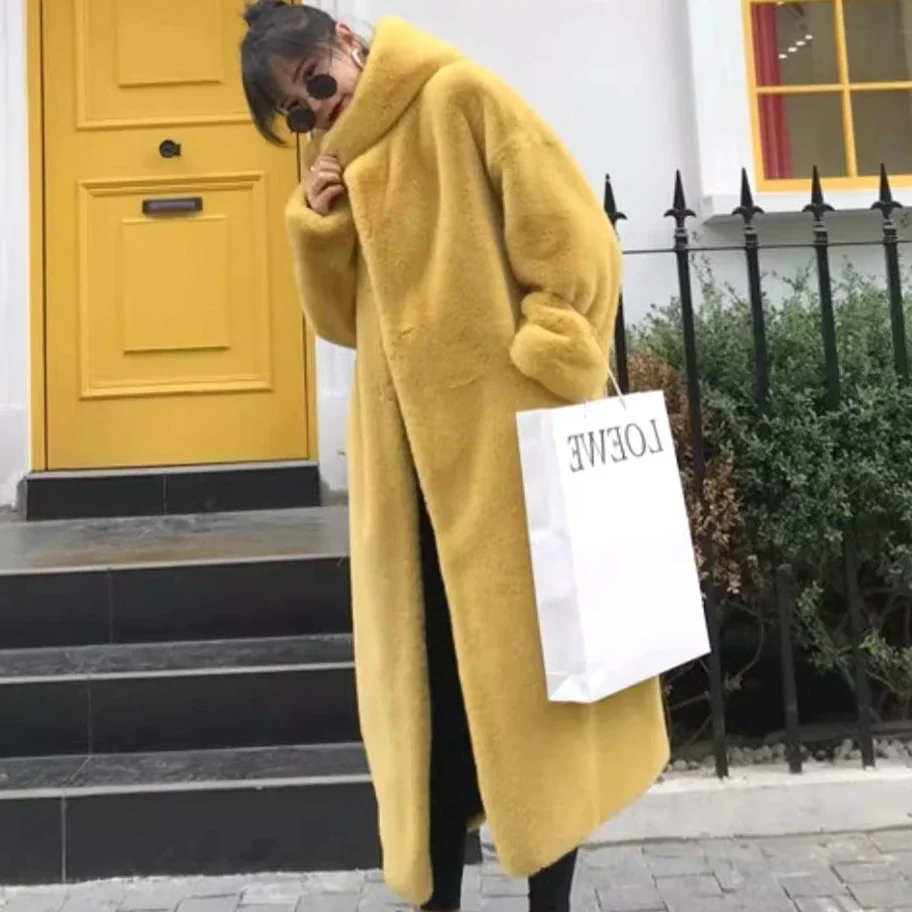 

Thick Faux Fur Jacket Women Hooded Colorblock Autumn Winter Maxi Coat Long Warm Luxury Belt Fur Parkas Bontjas Furry Outerwear