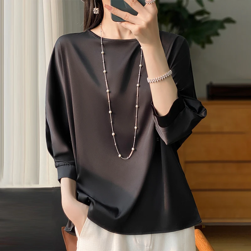 New Acetic Satin Nine-Sleeve T-shirt in Summer Women\'s Round Neck Loose Large Size Wide Sleeves Outside