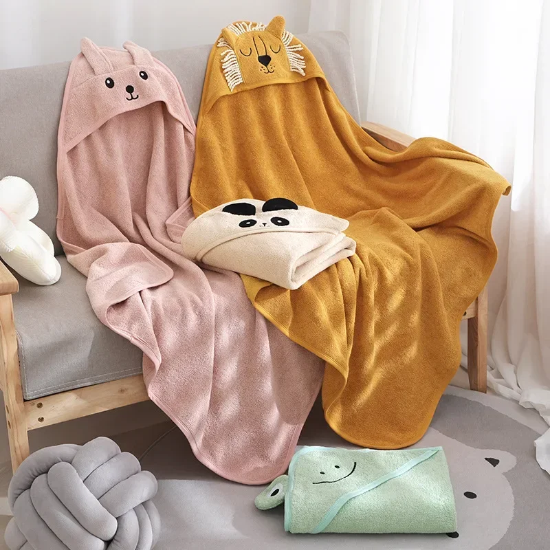 90x90CM Baby Bath Towel Super Absorbent Cute Animal Hooded Bathrobe Bathroom Cartoon Kids Beach Cloak Infant Large Towel