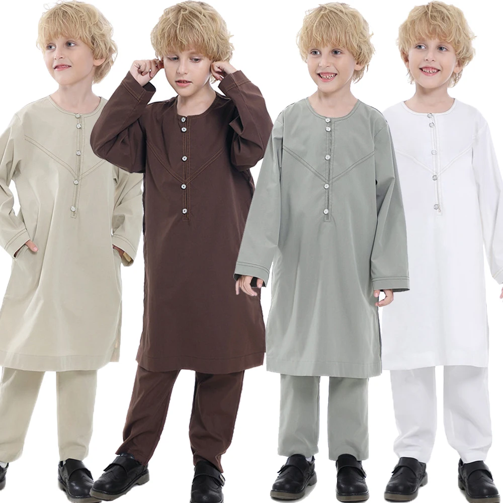 Thobe แขนยาวซาอุดิอาระเบียสำหรับเด็กผู้ชาย, เซ็ต2ชิ้น jubba thobe caftan Islam สีทึบเสื้อผ้ามุสลิมชุดอาบายาตะวันออกกลาง