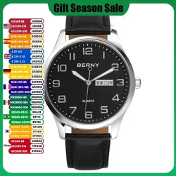 BERNY Men Quartz Watch Miyota 2105 Date Calendar Genuine Leather Classic 3ATM Waterproof Male Dress Business Wristwatch