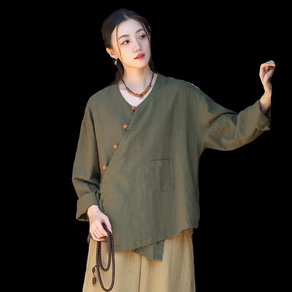 

Autumn Travel Shooting Lace-up Jacket Short Cotton Line Cardigan Retro Buttoned Top for Women's New Literary Zen Tea Clothes