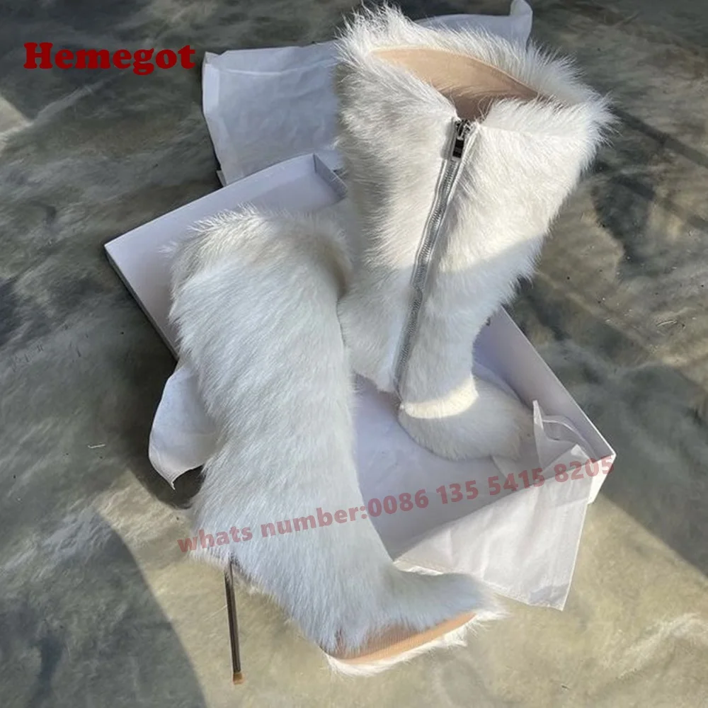 

Fluffy White Fur Knee High Boots Round Toe Stiletto Heels Side Zipper Women's Long Boots 2025 Plush Warm Winter Shoes Luxury New