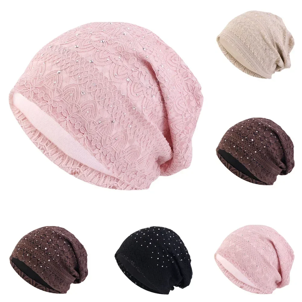 Women Elastic Turban Muslim Lace Rhinestone Hijab Islam Sleep Night Caps Chemo Pullover Hat Ladies Scarf Headwrap Baggy Beanies