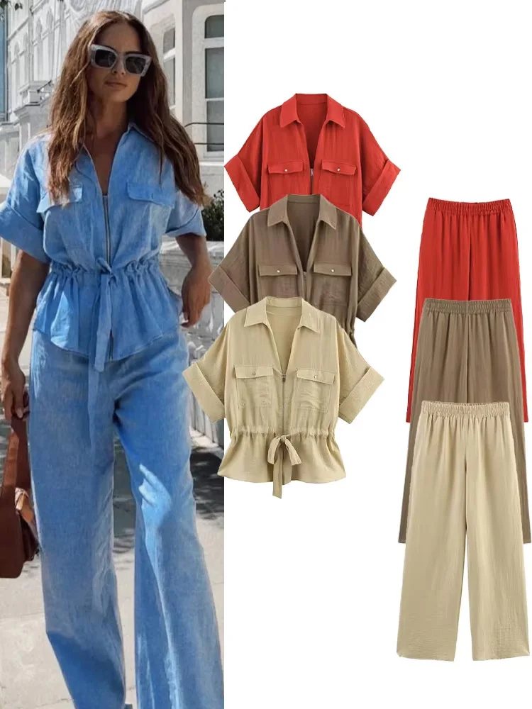 

HH Women Solid Loose Pants Suit Lapel Long Sleeve With Belt Zipper Top+Chic Elastic Waist Wide-leg Button Pleated Pants