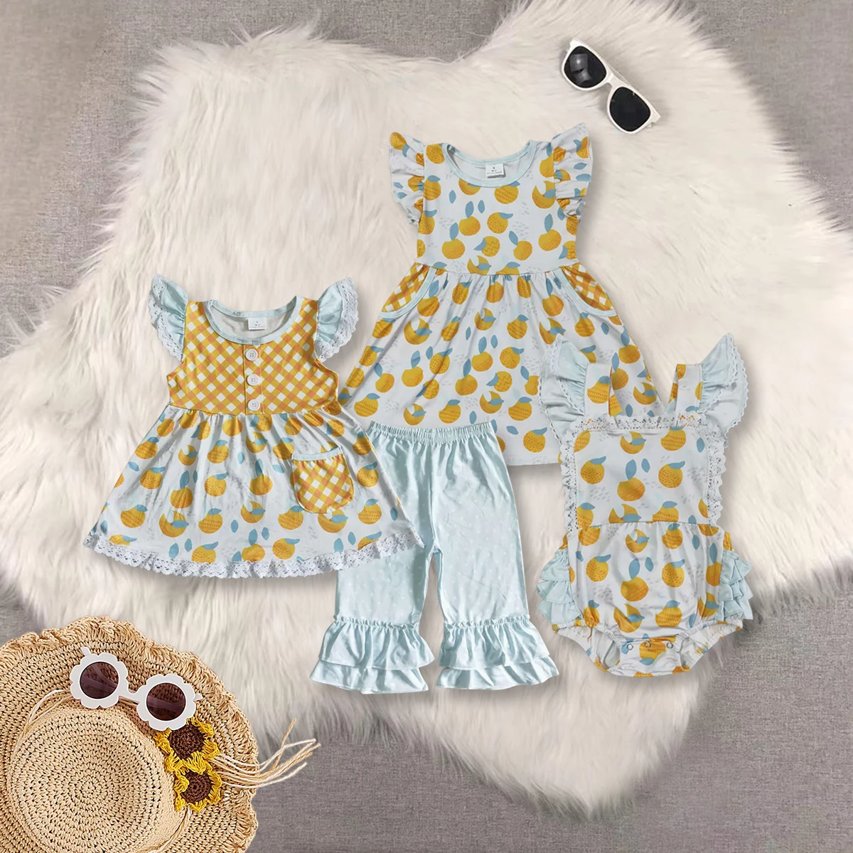 

GSSO0092 Wholesale Boutique matching kids clothes girl fruit flying sleeve pants sets Children clothing baby girl clothes