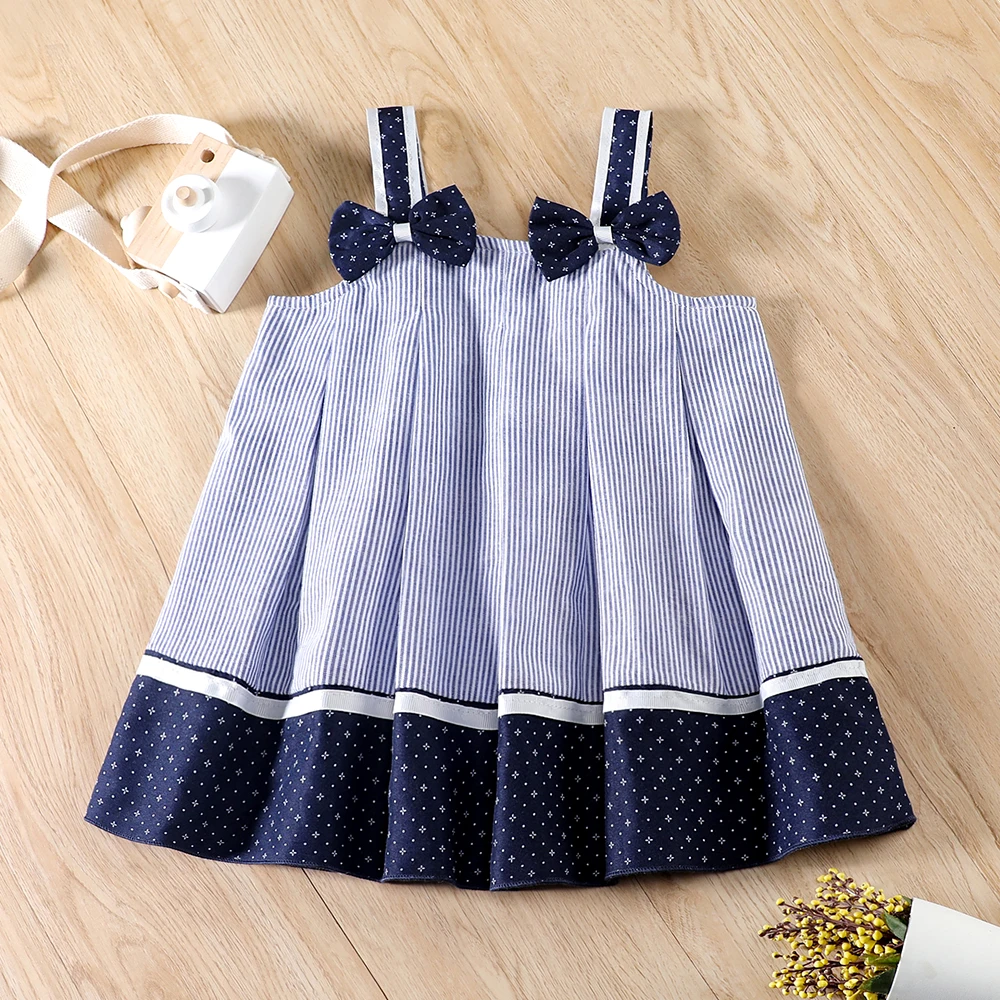 Toddler Girl Stripe Bow Decor Slip Dress Summer Fashion Kids Baby Girls Blue & White Frock Dress