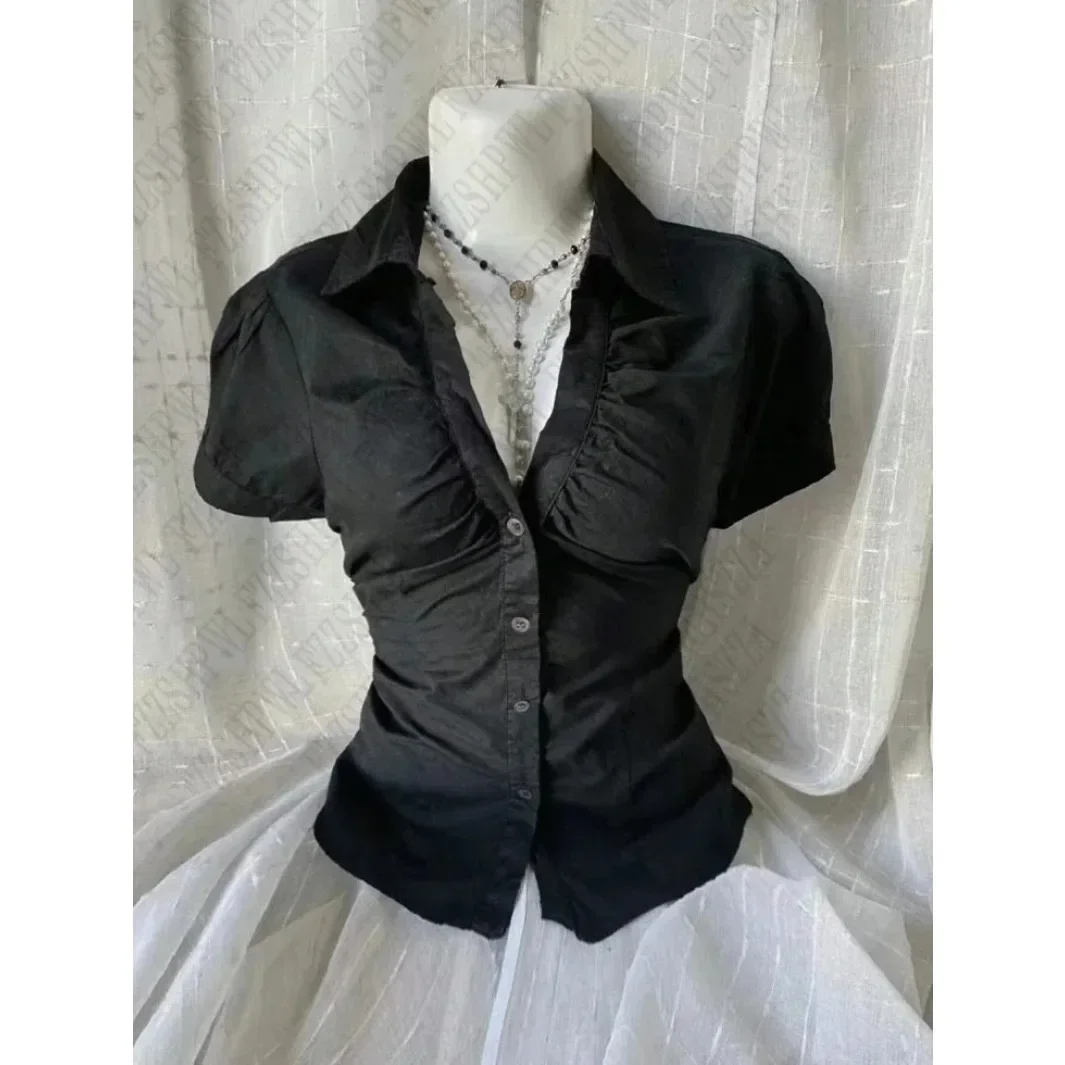 New Gothic Black Blouse Y2K Style Short Sleeve Slim Fit Button Up Shirt Harajuku Punk Grunge Aesthetic E-Girl Streetwear Tops