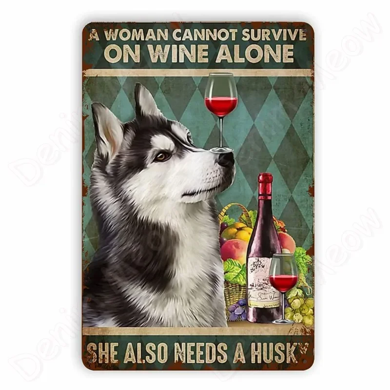 Vintage Bulldog Tin Sign for Home Wall Decor, A Woman Cannot Survive on Wine Alone, Funny Cat, Dog Metal Sign, Bar Decor