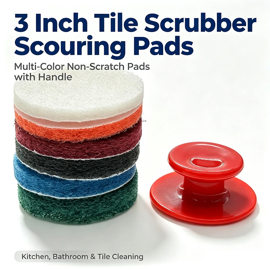 7 Pcs Scouring Pads with Handle 3 Inch Hook and Loop Nylon Tile Cleaning Pads Round Heavy Duty Scrubber for Cleaning Car Body