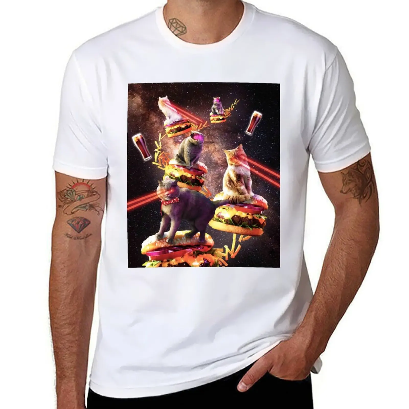 Galaxy Laser Cat On Burger-gatos de hamburguesa de queso espacial con camiseta Lazer g hombre camisetas para hombres camiseta