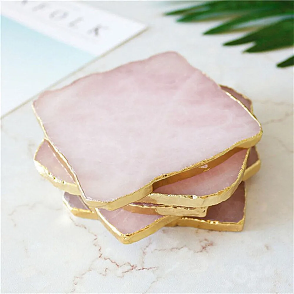 Wholesale 1pcs Natural Rose Quartz Coaster Hexagon Crystal Platter Electroplated Gold Color Jewelry for Cup Mat Display