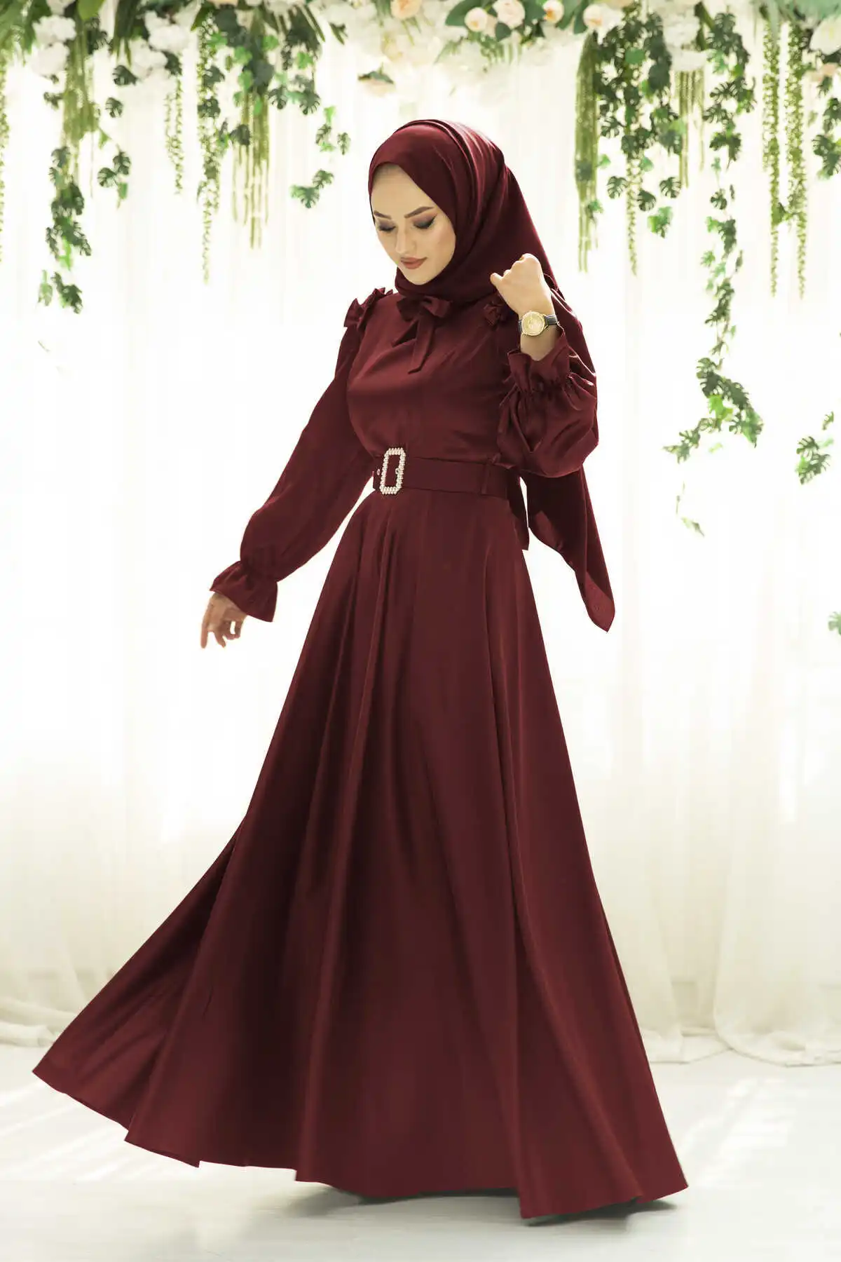 Kemerli Satin Evening Dress Burgundy