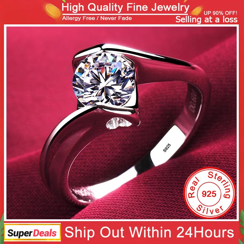 

Allergy Free 100% Real 925 Sterling Silver Rings Women Round 1 Carat Zirconia Diamant Engagement Wedding Band Fine Jewelry