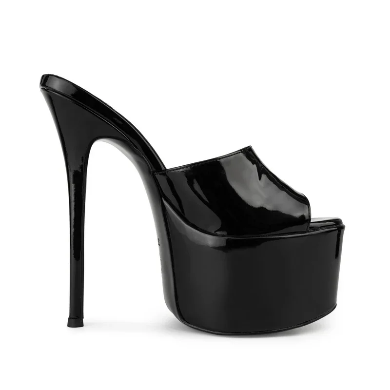 MKKHOU Women 15CM Super High Heels Platform Mules Patent Leather OpenToe Stiletto SlipOn Party Nightclub Ladies Pumps