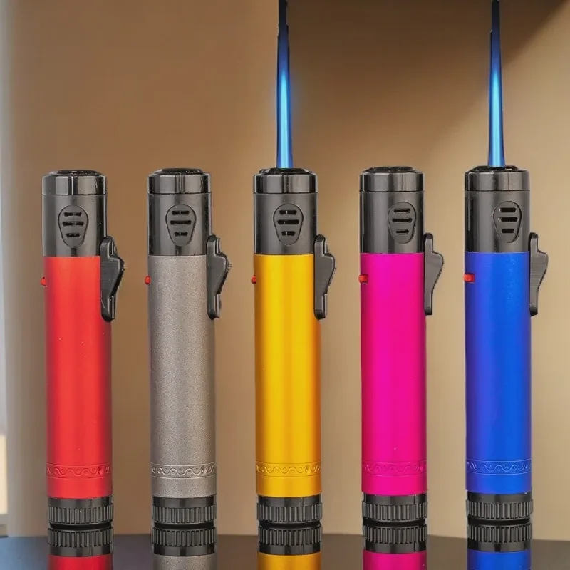 New Pen-style Round Metal Thickened Straight-pull Moxibustion Windproof Blue Flame Lighter Inflatable Outdoor Barbecue Igniter