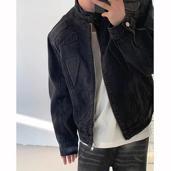 

Waed Denim Jaet Men's oulder Padded Stand Collar Workwear Jaet Youth Trendy Autumn Sli Cleanfit Long Sve Coat