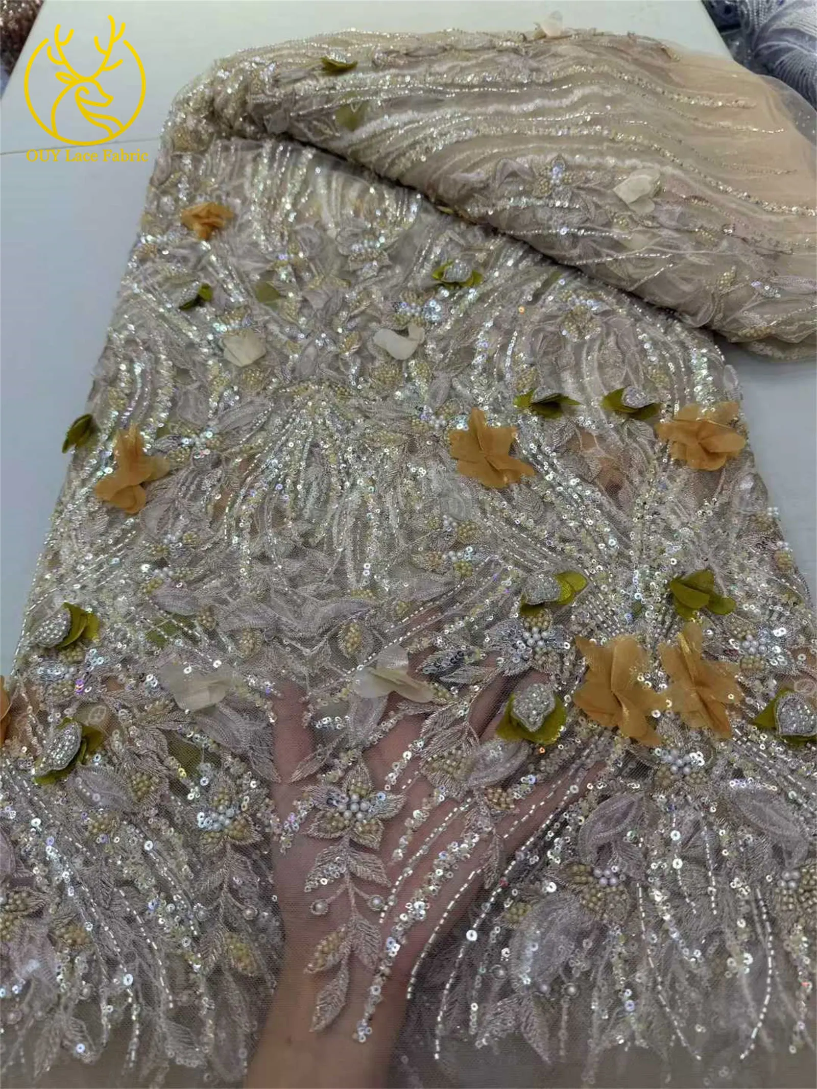Neueste 3D Blumen Afrikanische Perlen-Spitzenstoff 2026 Französischer Nigerianischer Pailletten-Spitzenstoff für Braut Hochzeitskleid Material – Detail 9