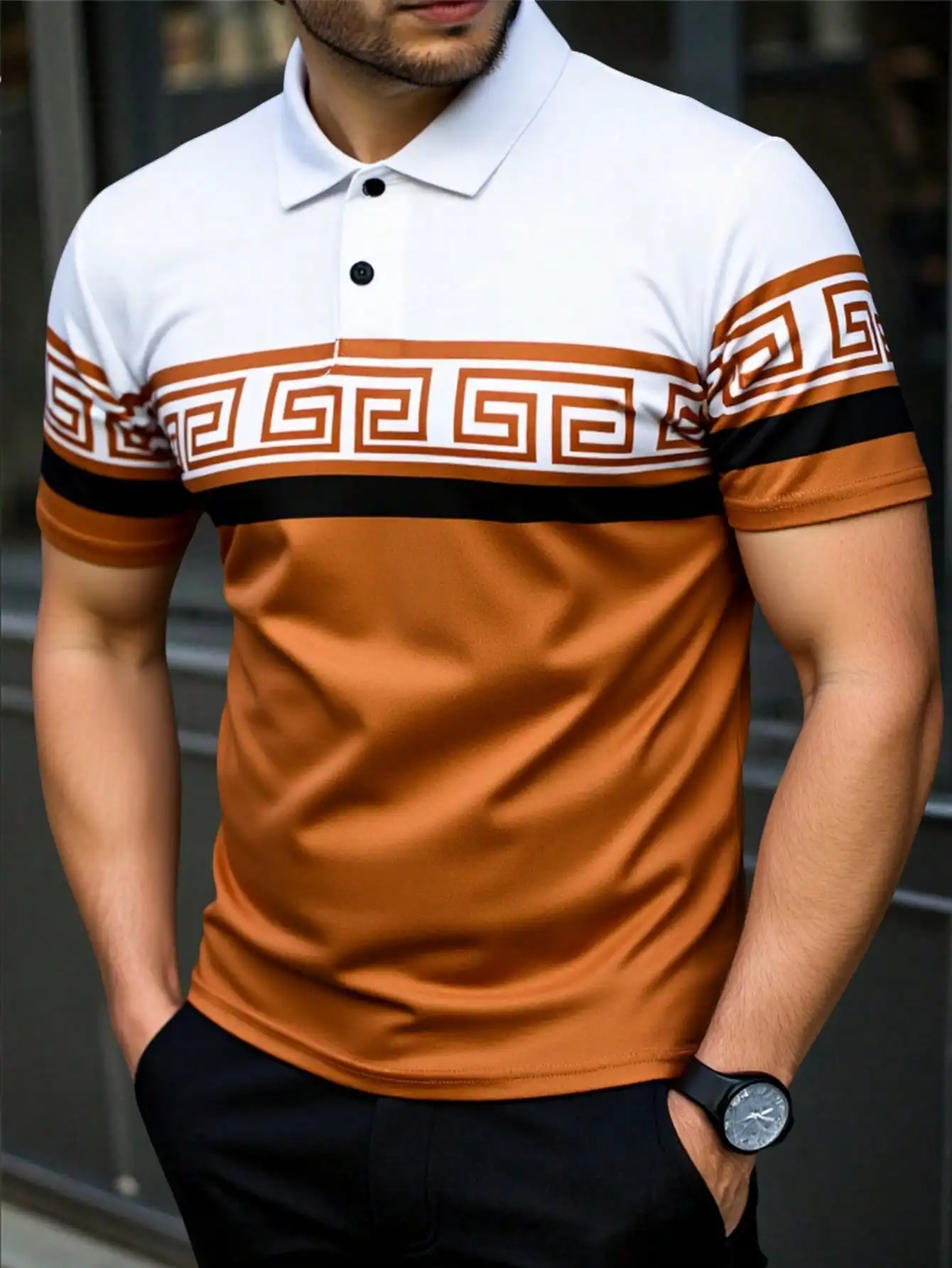

Men's Short Sleeve Polo Shirt with Greek Key Pattern, Casual Summer Wear