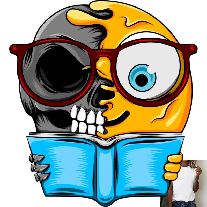 Cool Half Skull Half Emoji Reading Book Heat Transfer White Ink Iron - on Patch, Creative Print, Suitable for T - shirts/Canvas
