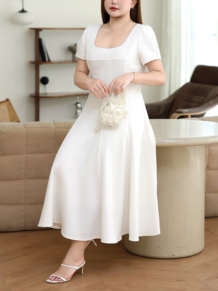 Vestido feminino plus size com gola quadrada, premium, vintage, elegante, emagrecimento, cintura, manga bufante, estilo preppy, acadêmico, chique, casual