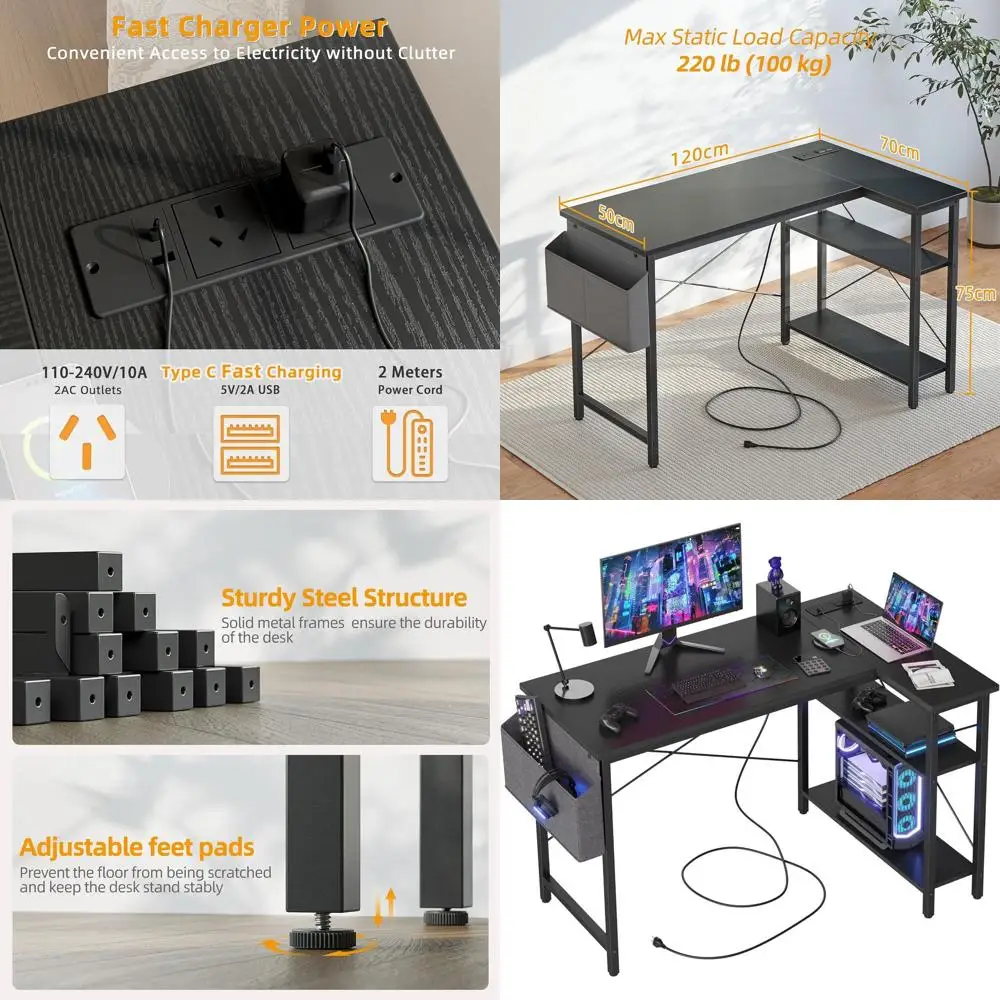 

Compact 47 L-Shaped Desk with Power Outlets, Corner Computer Desk for Gaming and Study in Small Spaces, Black
