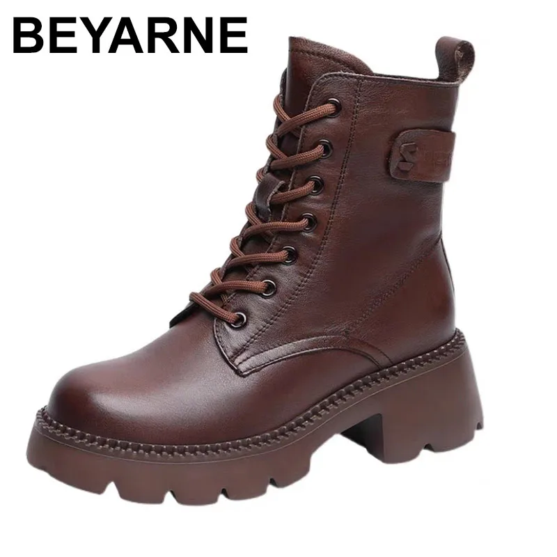 

2025 модные женские ботинки ручной работы из натуральной кожи в стиле ретро, ботильоны на платформе и толстом каблуке для женщин, теплые короткие ботинки