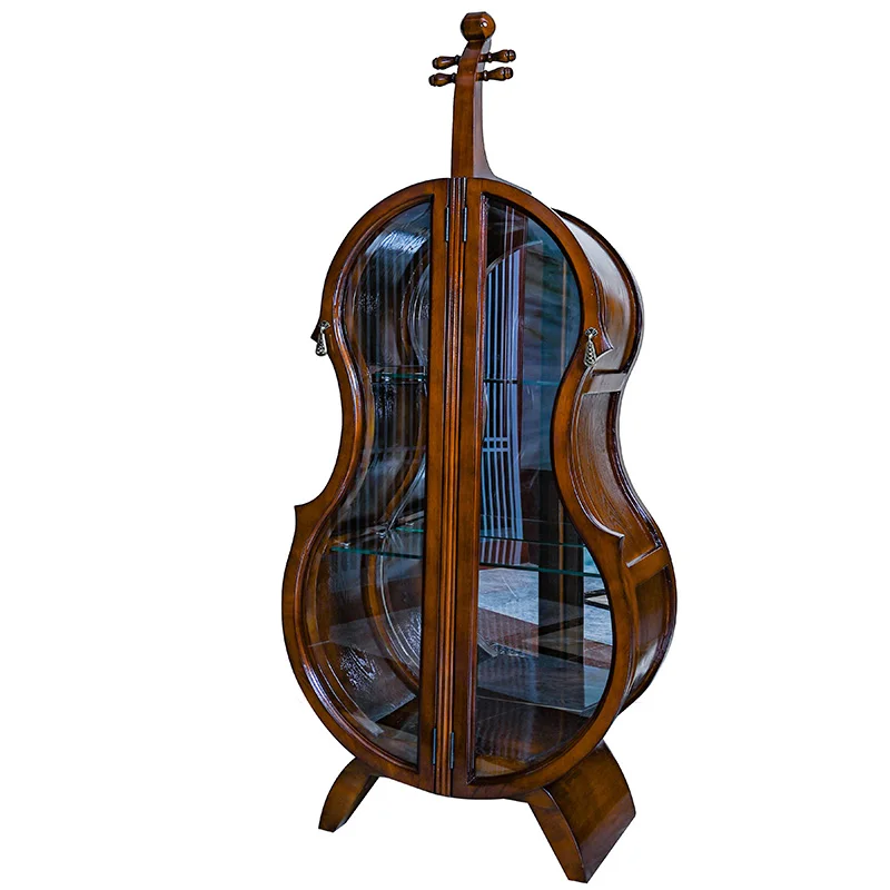 

Violin wine cabinet, solid wood carved glass, double door living room display cabinet, household light luxury ornaments