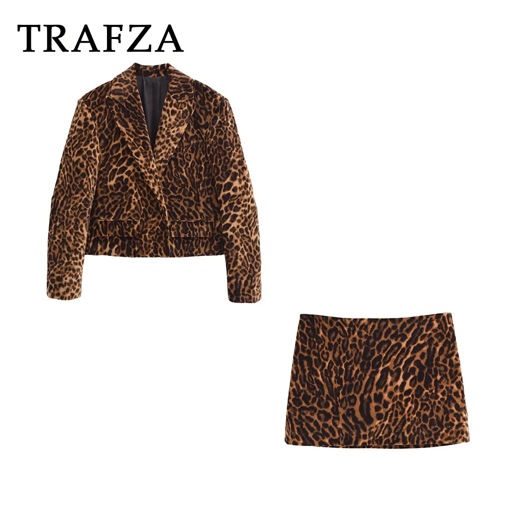 TRAFZA Mode 2024 Herbst Winter Leopard Frauen Anzug High Street Jacke Elegante Blzaer + Mantel Mini Rock Chic Sexy Party sets