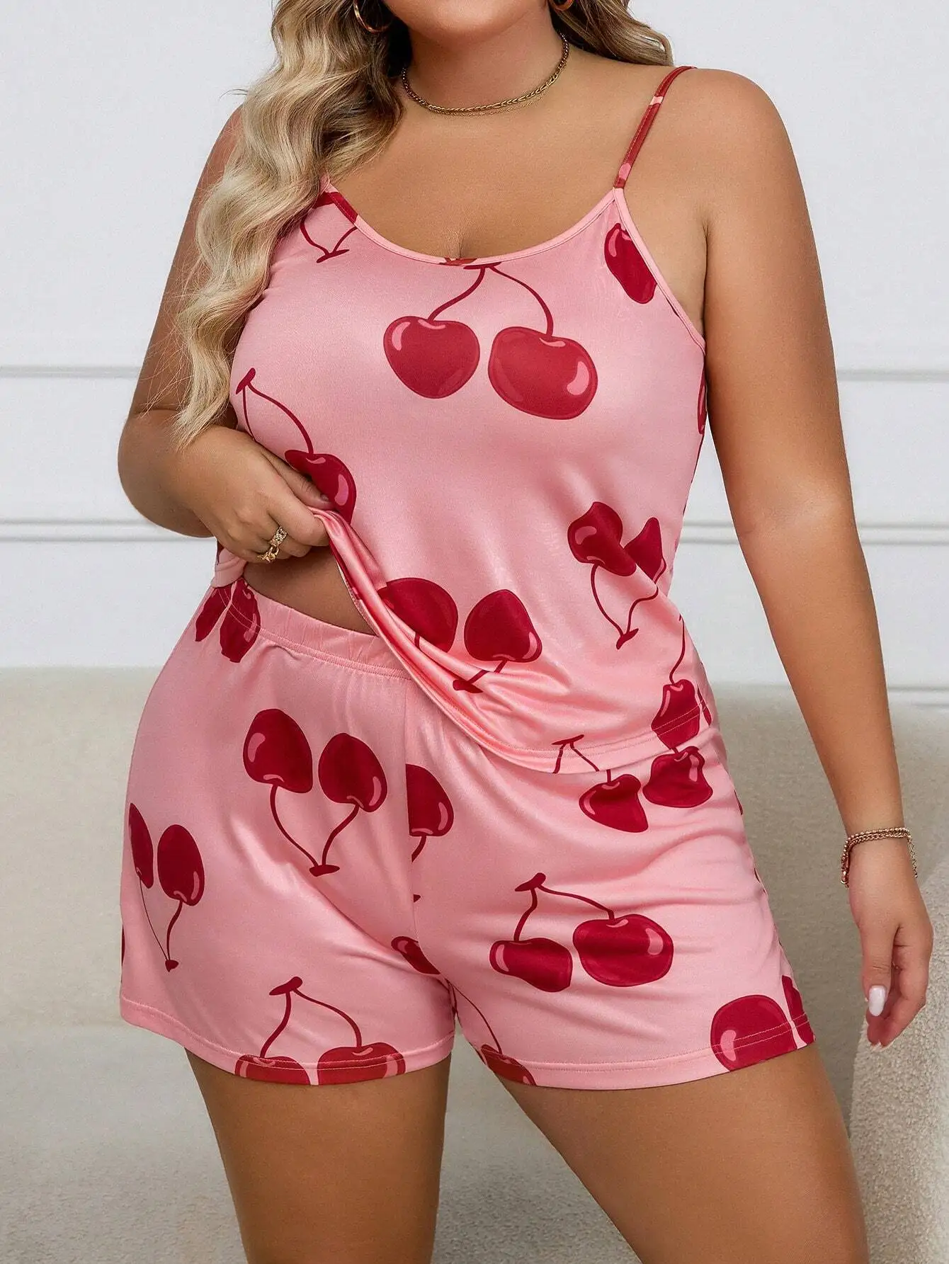 

Plus Size Women's Cherry Print Satin-Like Pajama Set with Spaghetti Straps