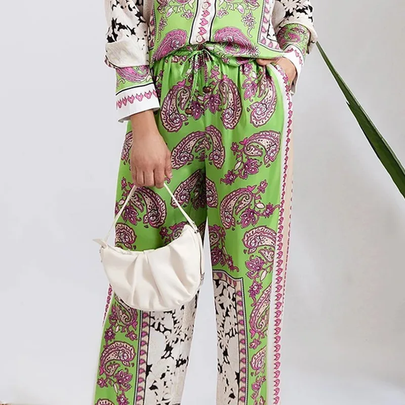 Two Piece Sets Women Pants Set Print Floral Casual Turn Down Collar Full Sleeve Tops Wide Leg Long Pants Lace Up Elastic Waist