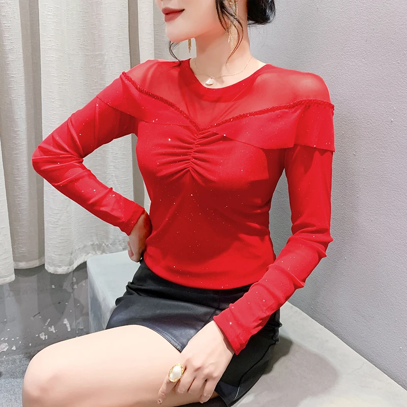 MadBlack-Women's European T-Shirt, Sexy O Neck Beading Top, Streetwear Long Sleeve Slim Mesh Patchwork Tee, Fall Winter T4N405CC image 2