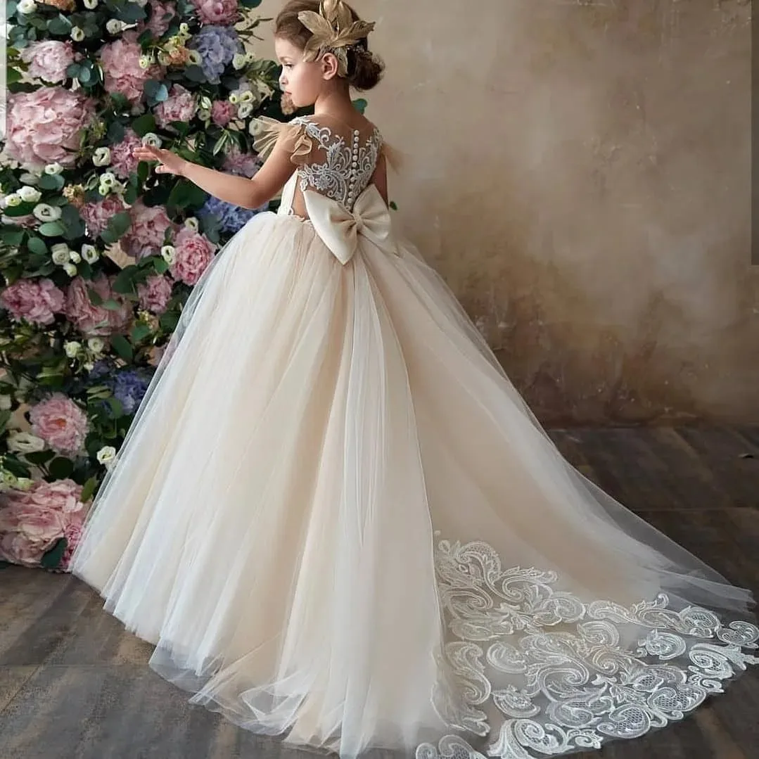 Sunnye Fairy Cute Lace Tulle Flower Girls Dress Princess for Kid Child Wedding Party juniordamigella d'onore Maxi Ball Gown Evening