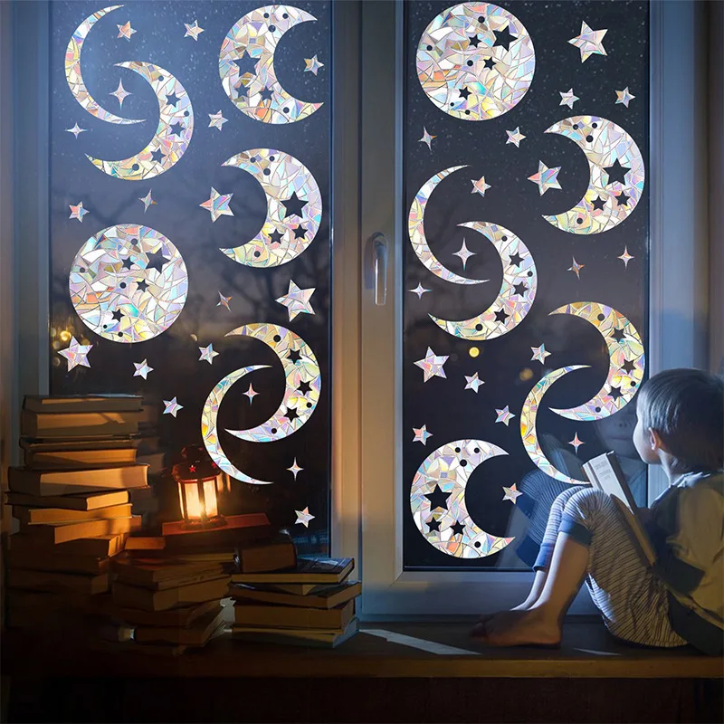 Rainbow Suncatcher Window Stickers PVC Stars and Moon Prism Glass Wall Sticker Home Kids Bedroom Decoration Self Adhesive Decal