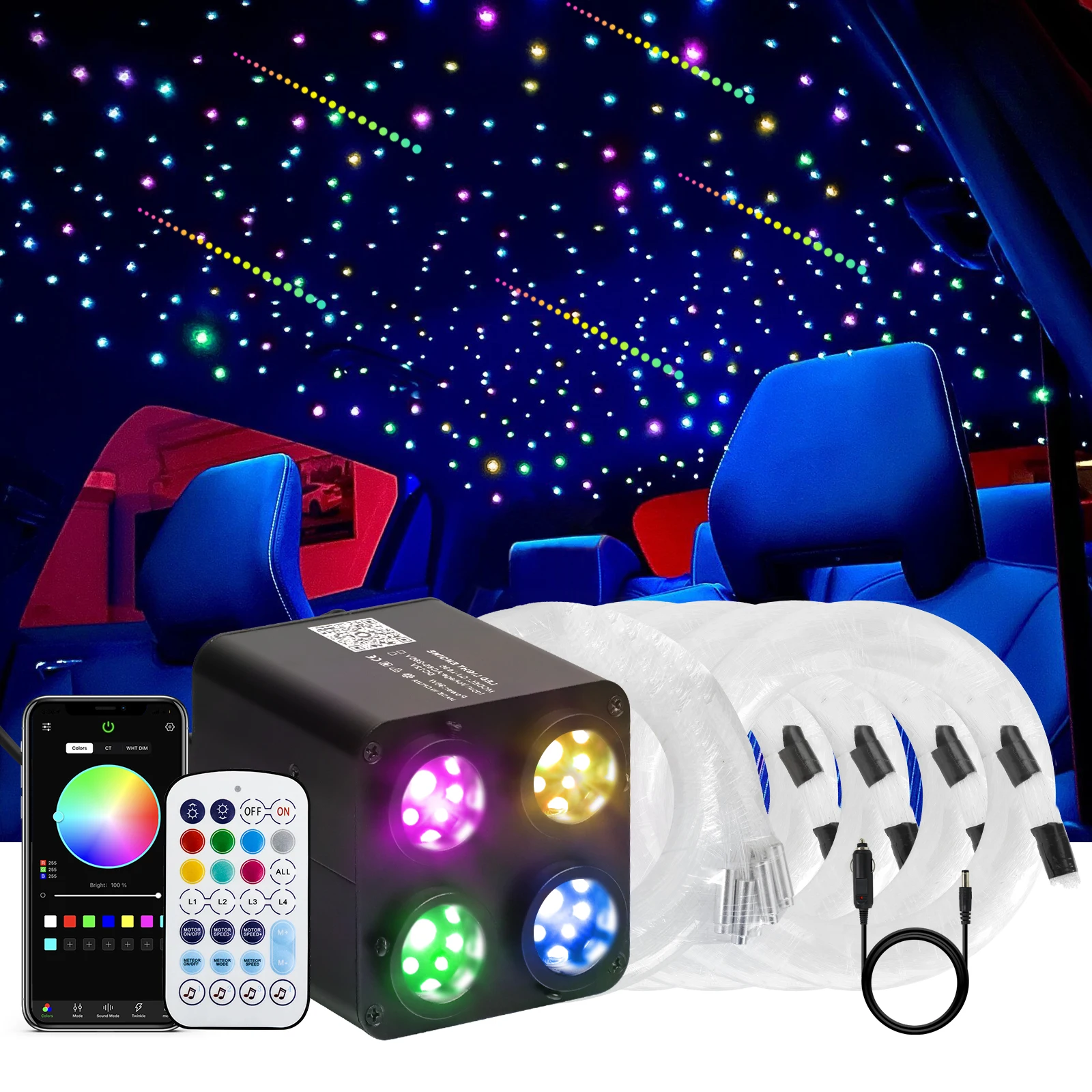 36W 4 Port Starlight Headliner Kit with Shooting Stars for Car Roof RGBW APP&Music Sync Home Use Fiber Optic Ambient Light