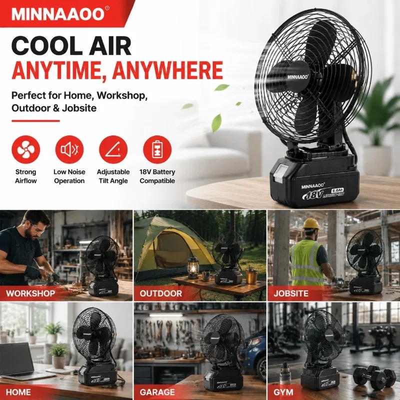 MINNAAOO For Makita 18V Battery Fan Cordless Portable Fan 3 Speed Strong Airflow Low Noise Adjustable Angle Cooling Fan
