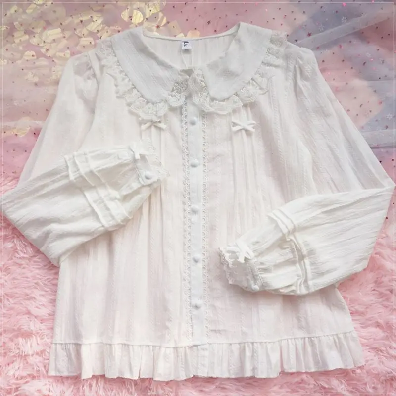 

Japanese Bow Peter Pan Collar Bow Blouses Summer Ruffles Bottoming White Shirt Women 2025 New Short Sleeve Blusas Mujer